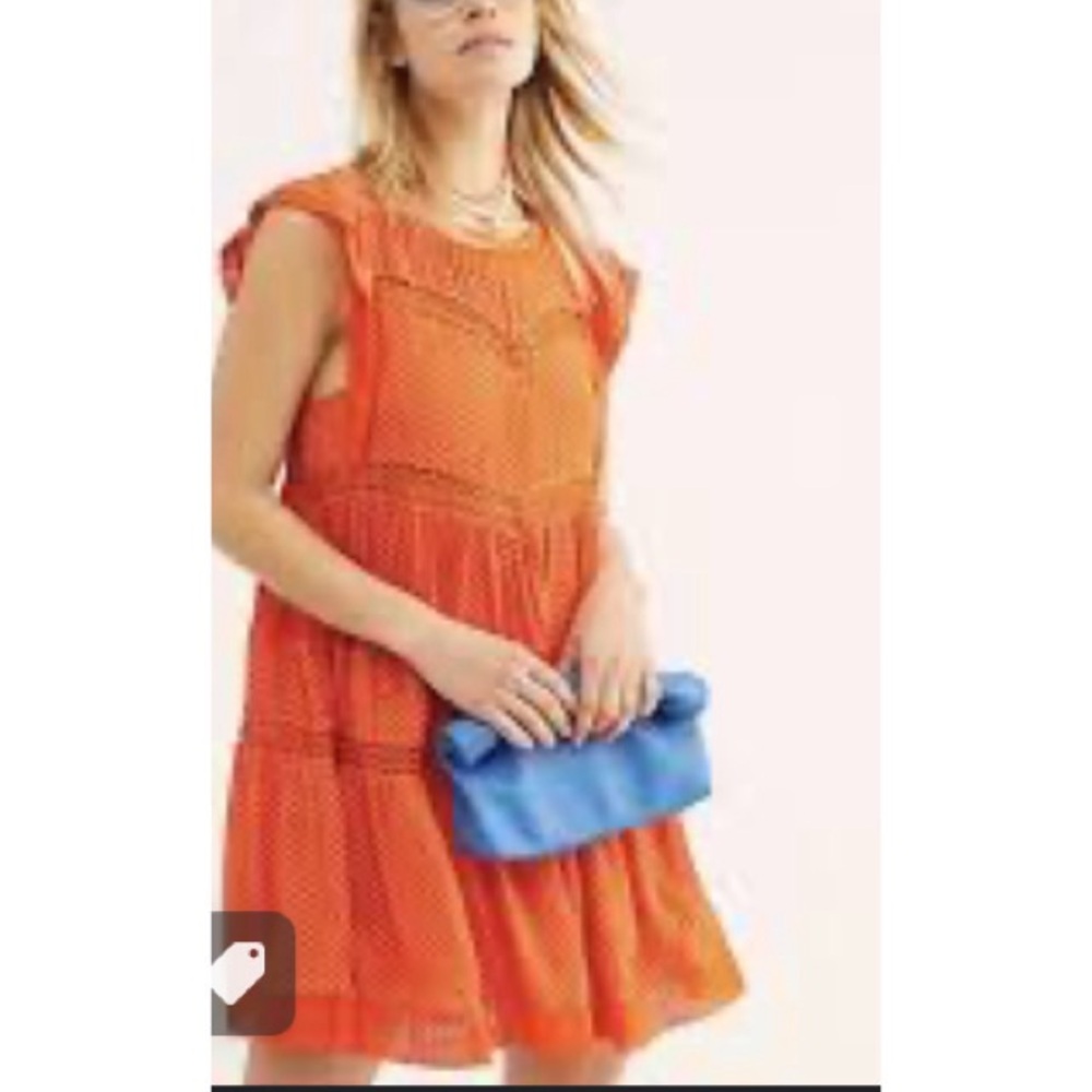 Free People Retro Kitty Crochet Trim Dress Tangerine Orange Small S - Picture 14 of 16